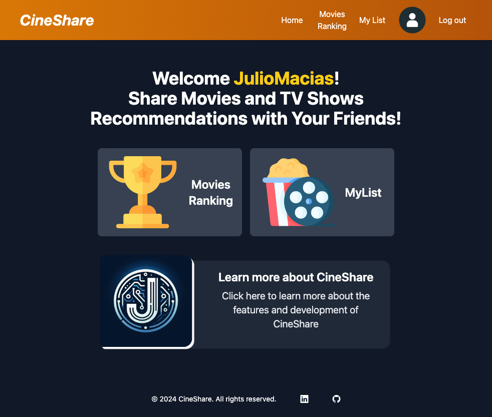 CineShare logged-in interface