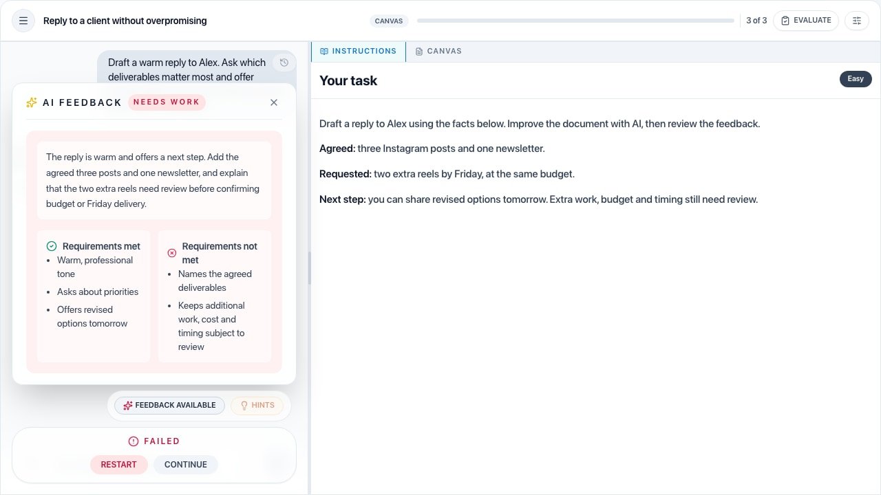 Discentik AI feedback listing requirements met and not met