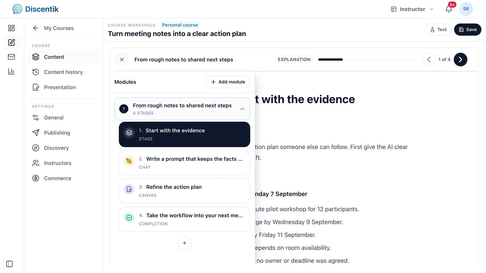 Discentik instructor course workspace with modules and stages