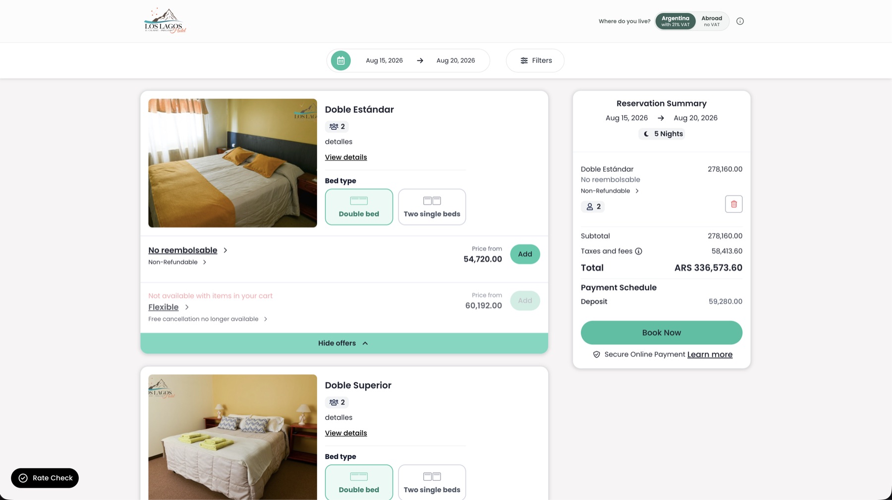 Cloudbeds booking engine with the residency toggle and bed-type selector