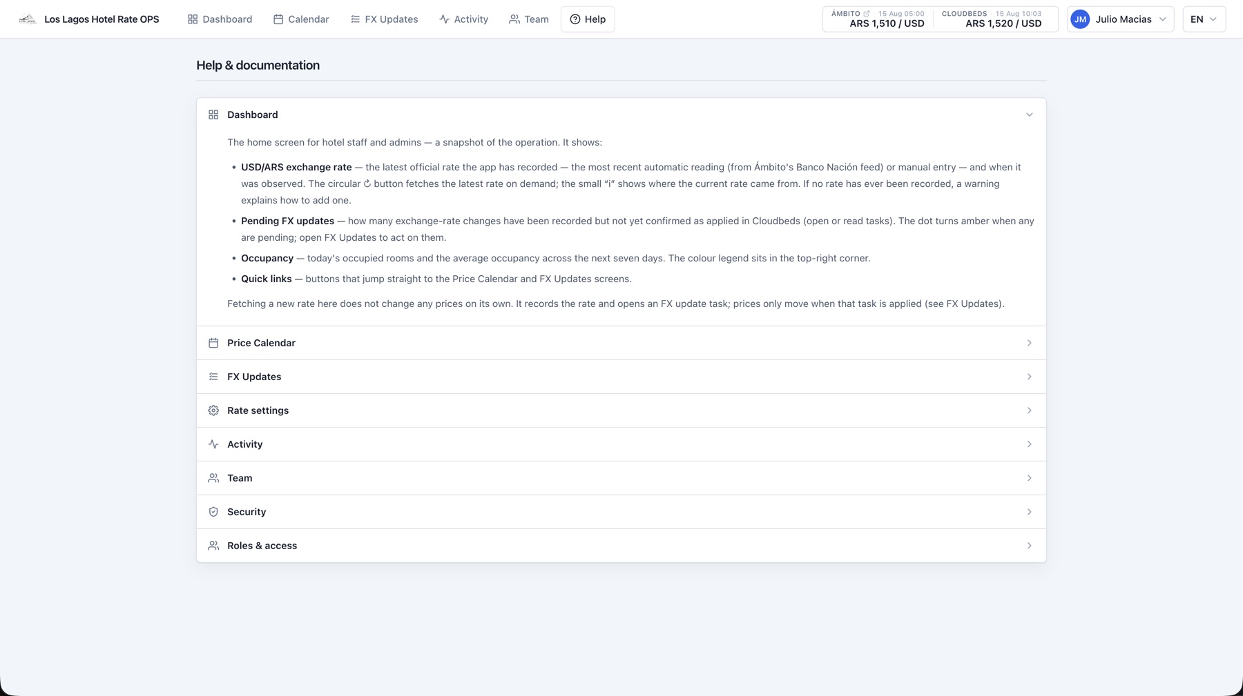 In-app help and documentation for hotel staff