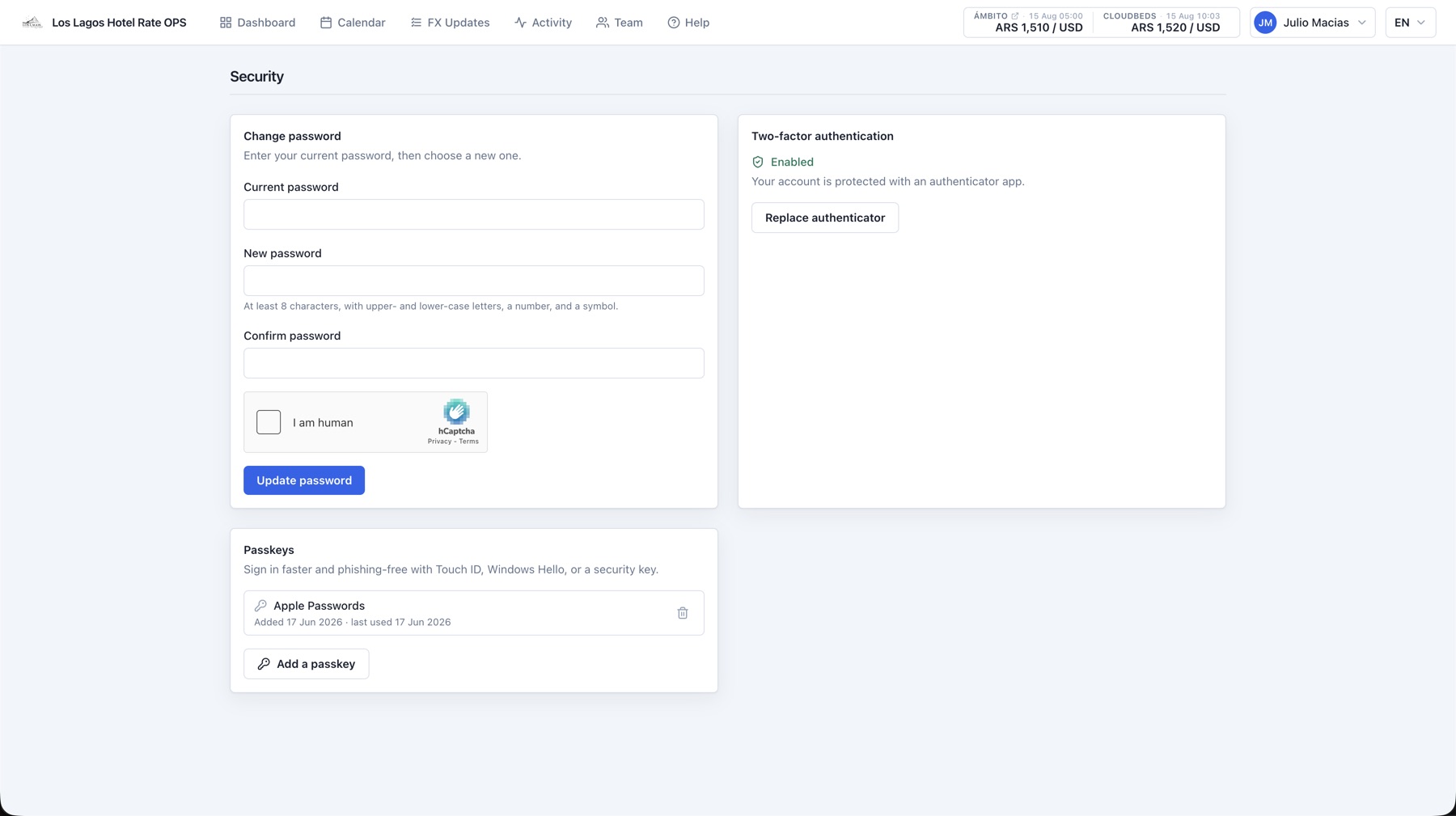 Account security page with two-factor authentication and passkeys