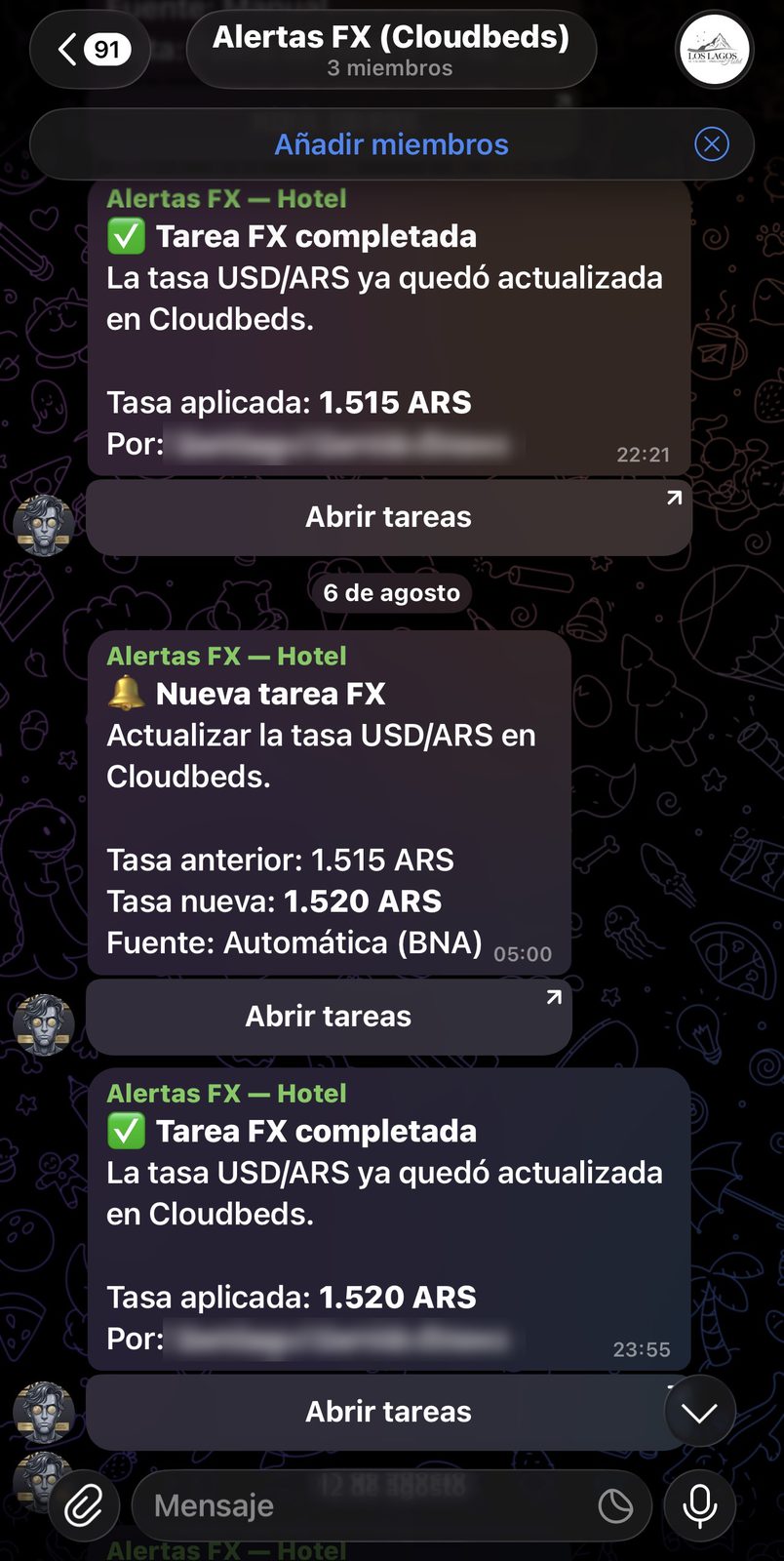 Telegram group receiving exchange-rate alerts from the ops tool