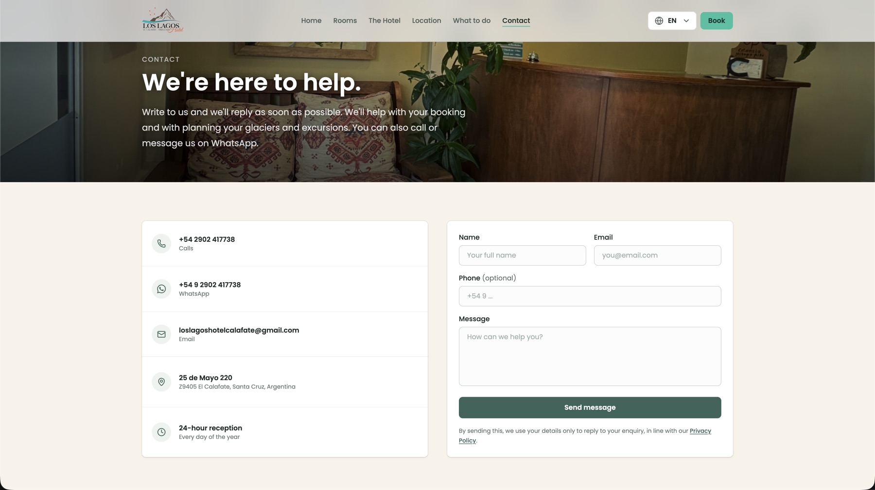 Contact page with hotel details and enquiry form