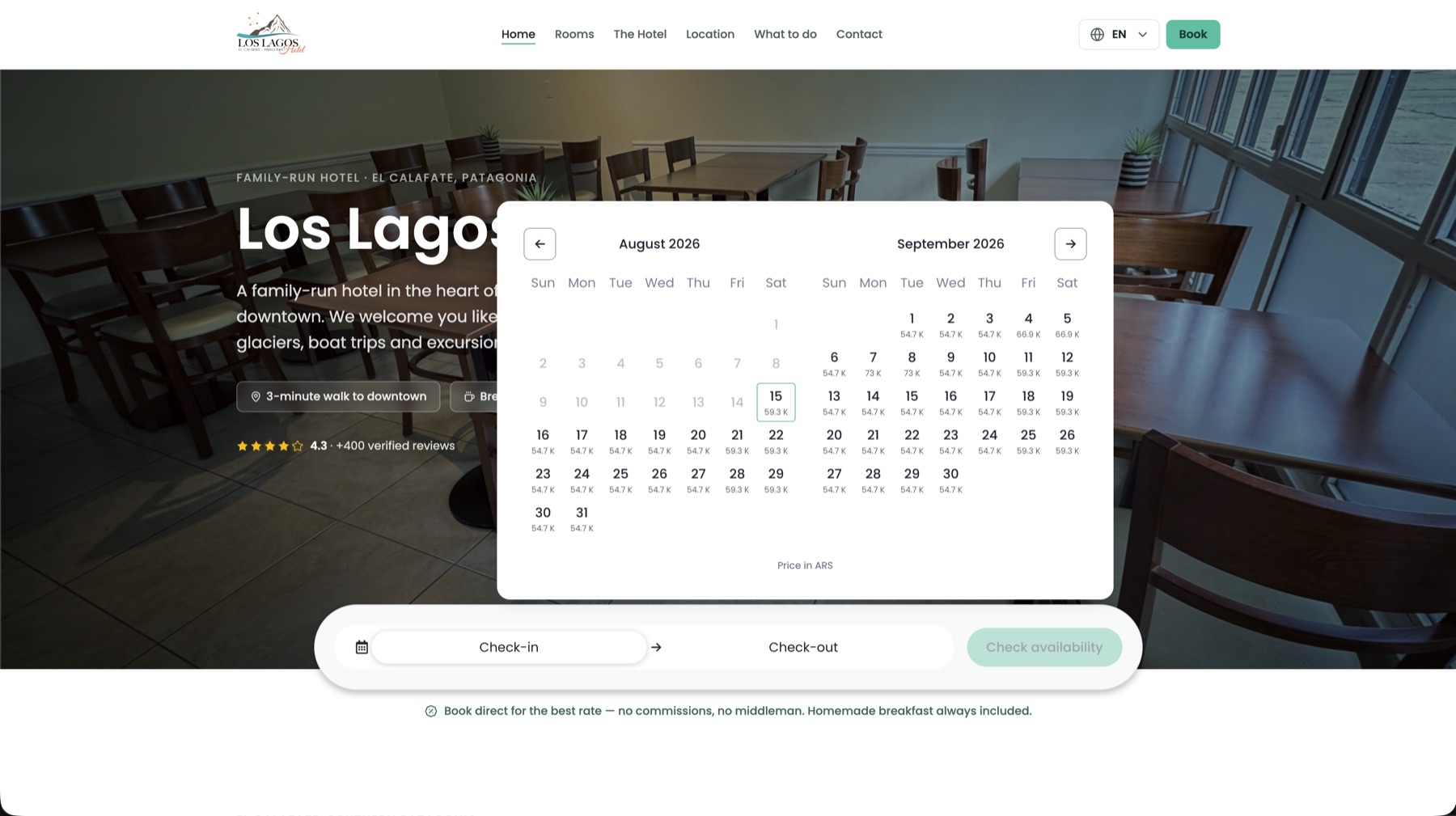Homepage date picker showing nightly prices