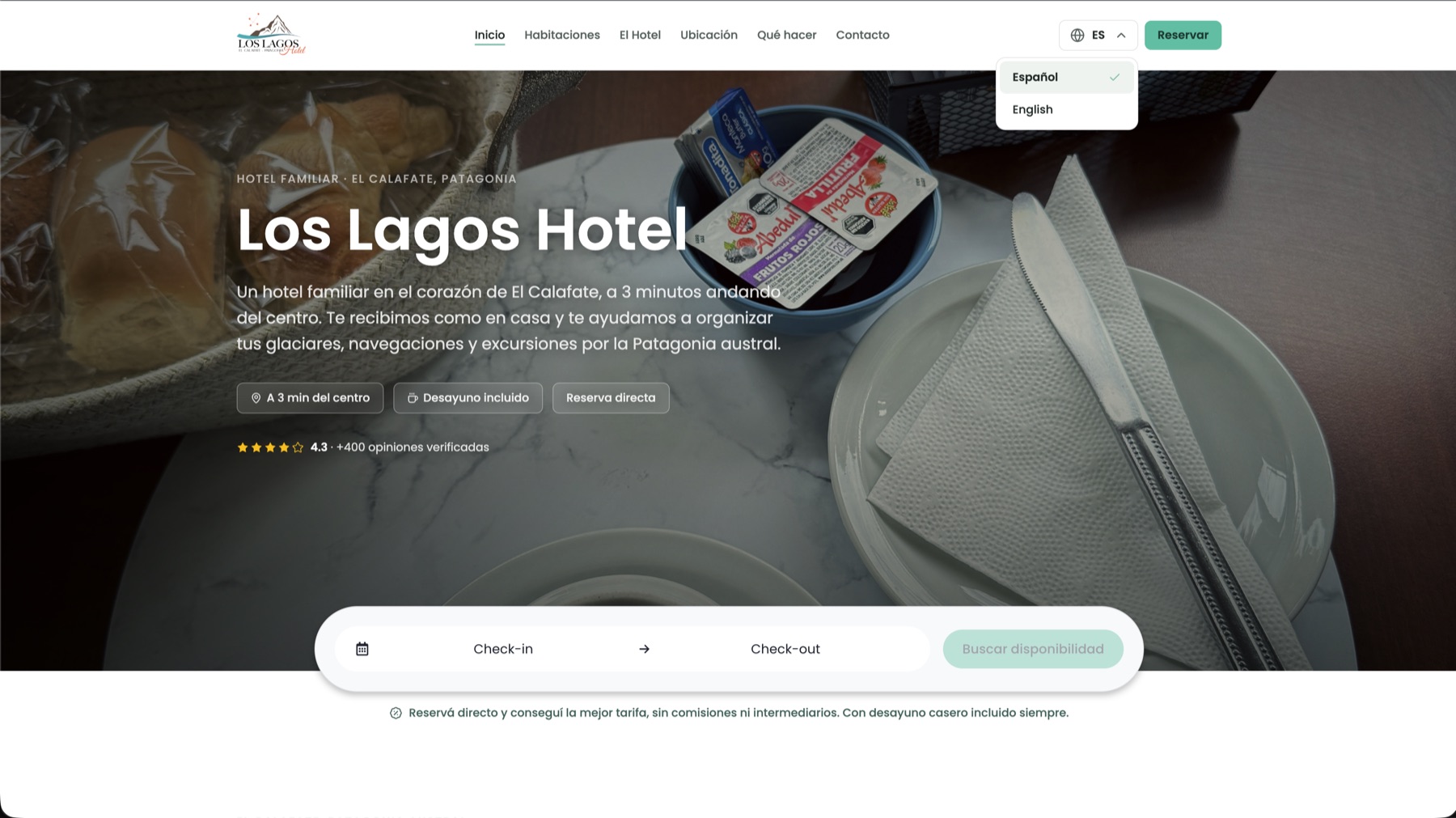 Los Lagos Hotel homepage with the language picker open on Spanish and English