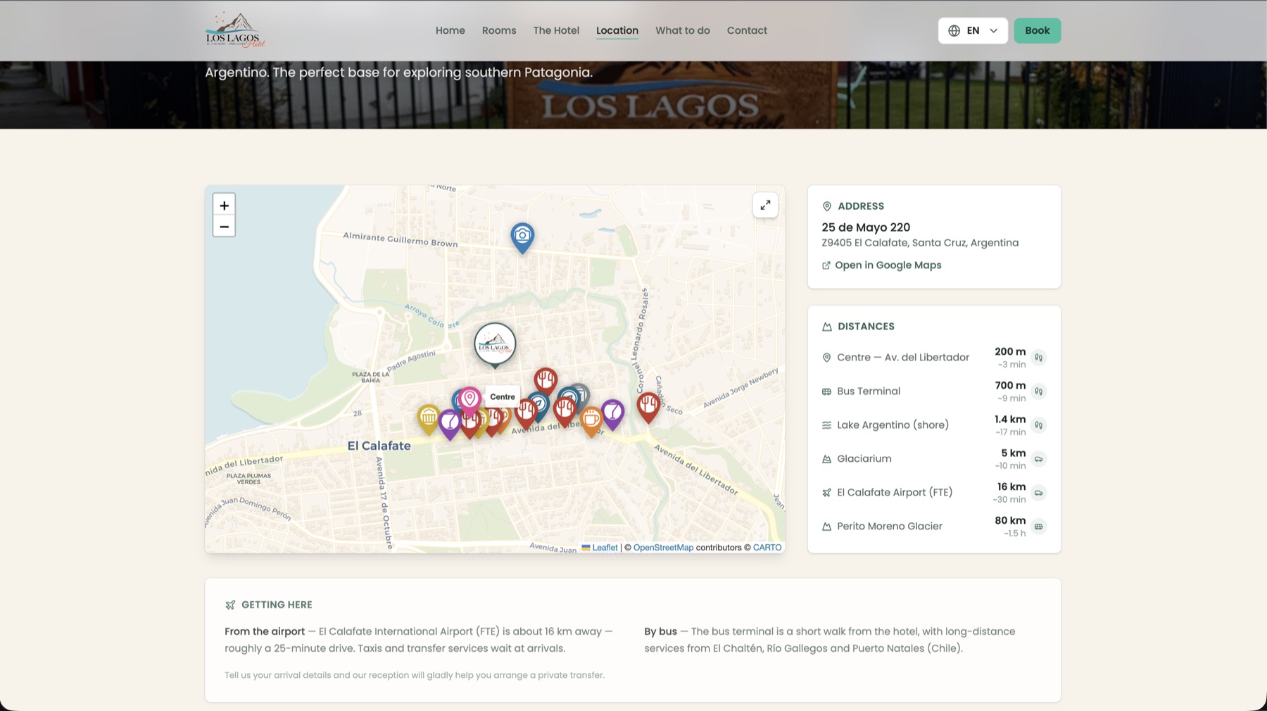 Location page with an interactive map of El Calafate and distances