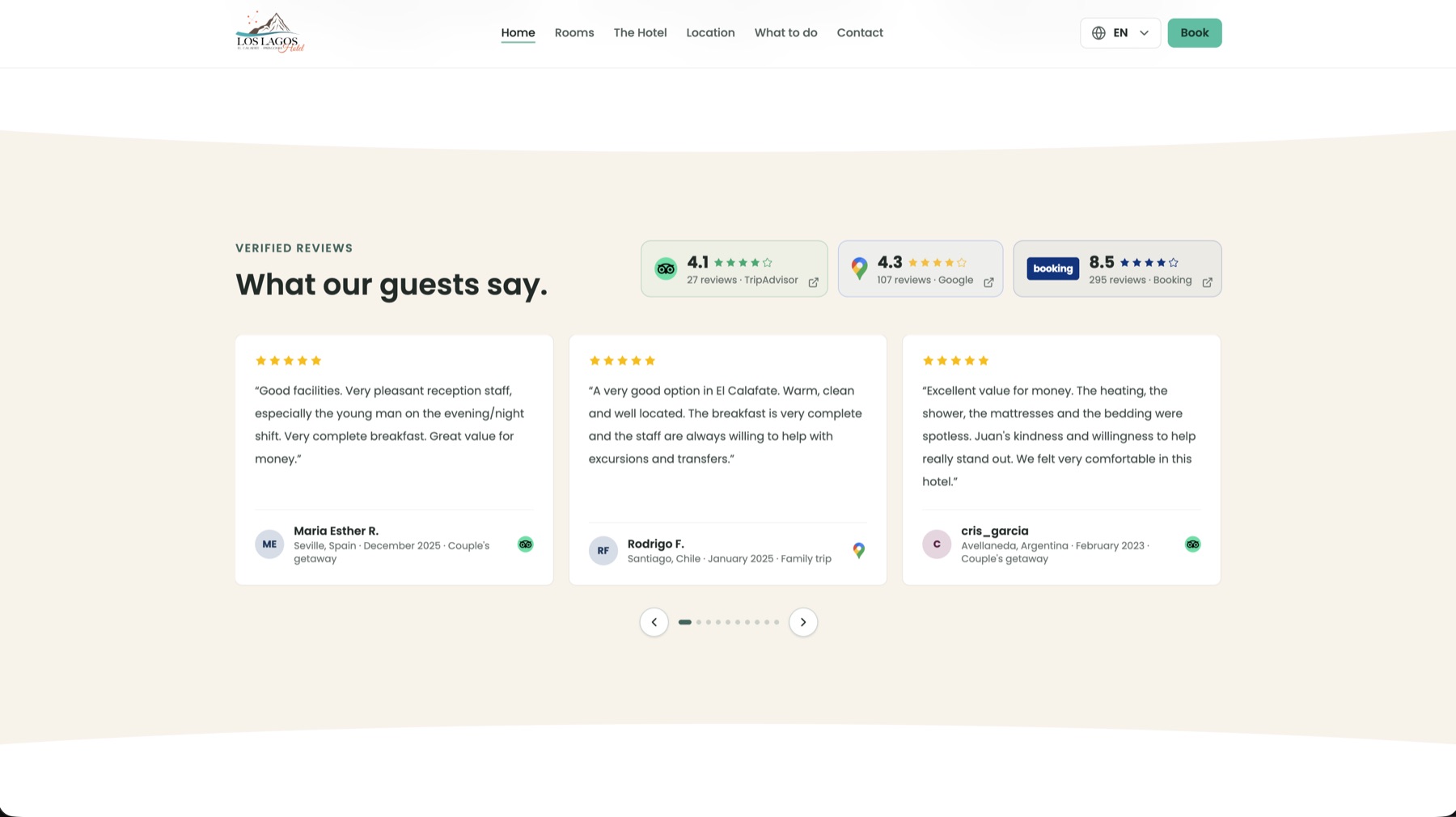 Verified guest reviews section with TripAdvisor, Google and Booking scores